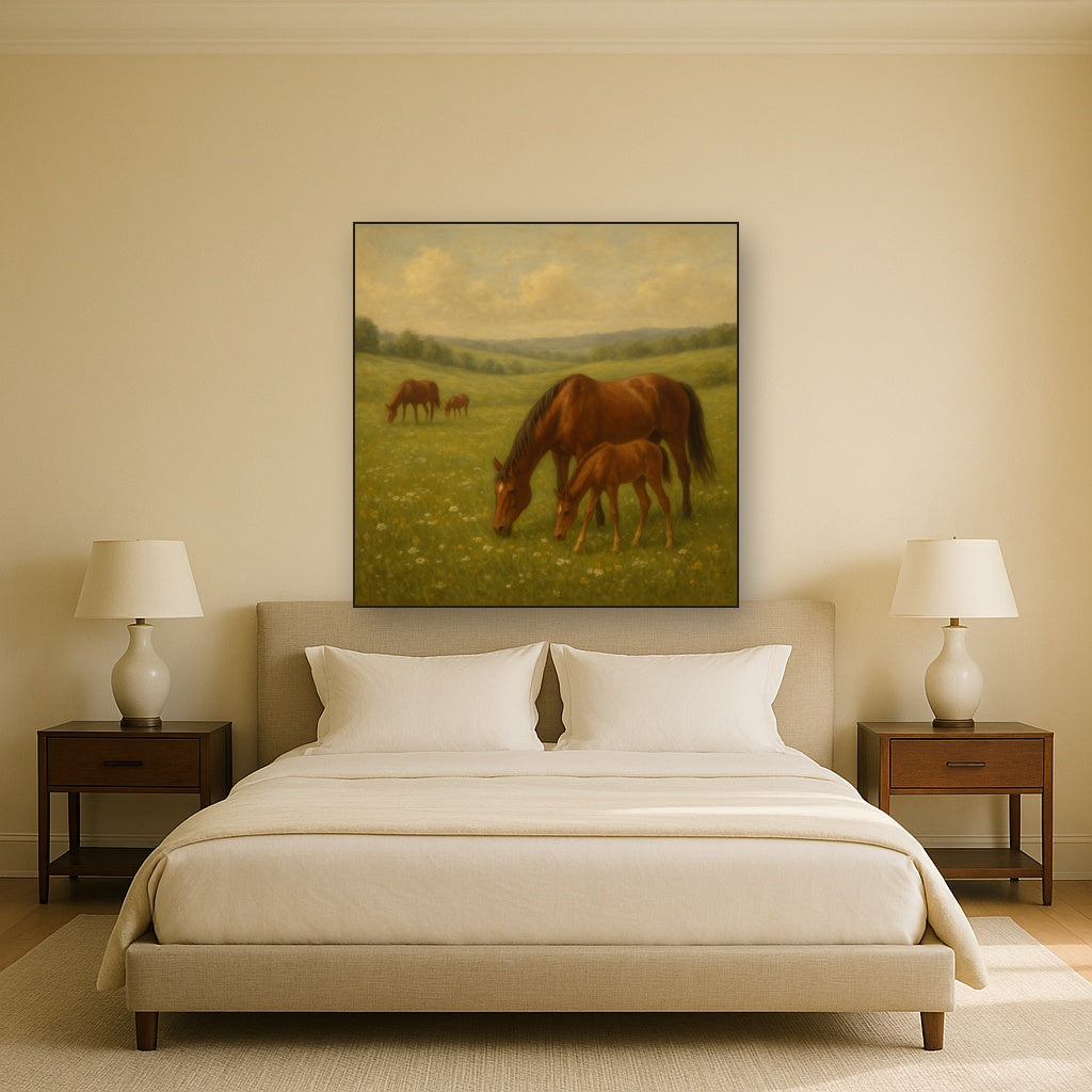 Mares & Foals Grazing in Rolling Meadow No. 15 Oil Painting - View 3
