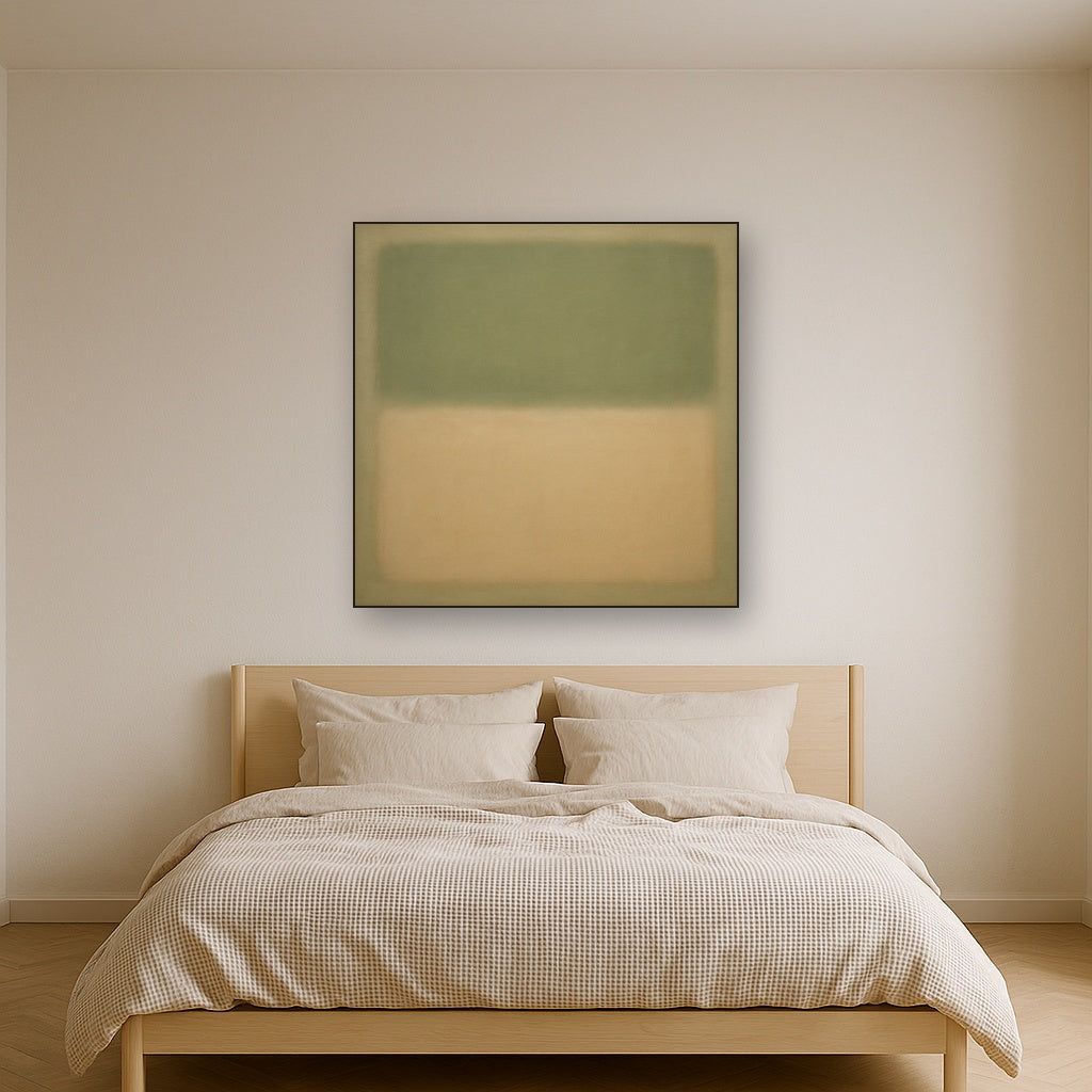 Sage Olive & Pale Sandstone Minimalist Harmony No. 2 Oil Painting Staged Above Master Bed in Bedroom, Calming Neutral Hand Painted Oil Art