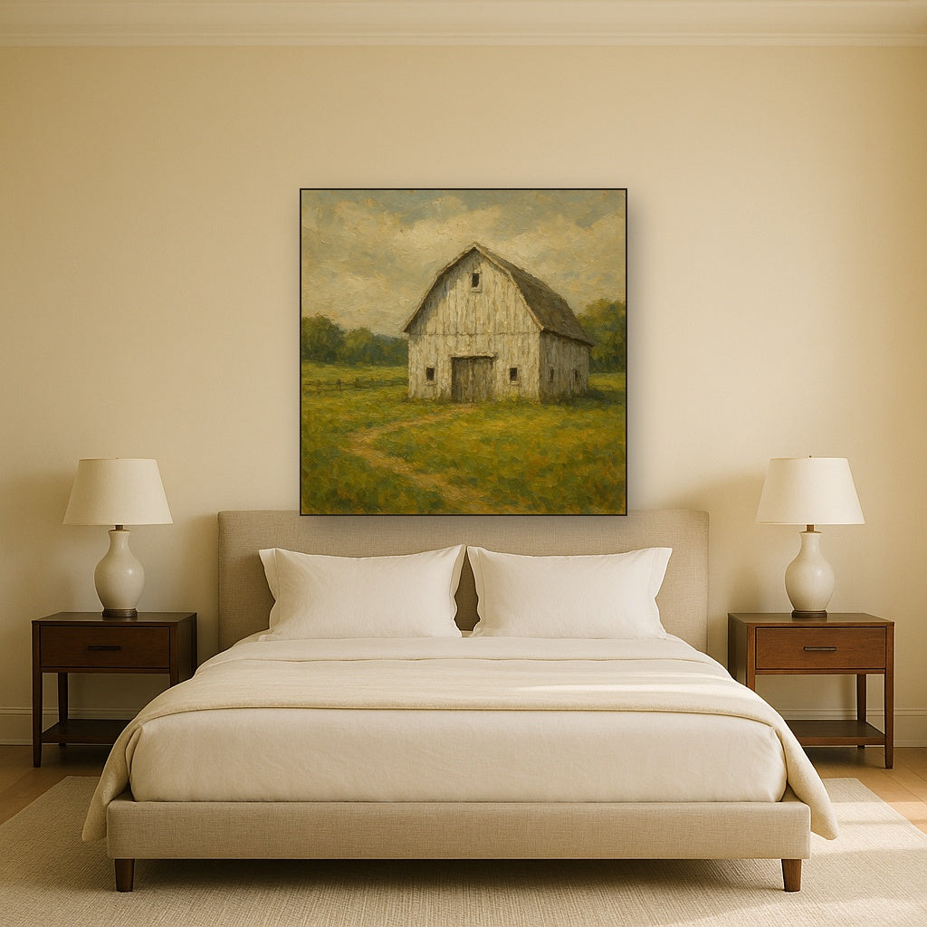 Weathered White Barn & Pasture No. 3 Oil Painting - Styled in Master Bedroom