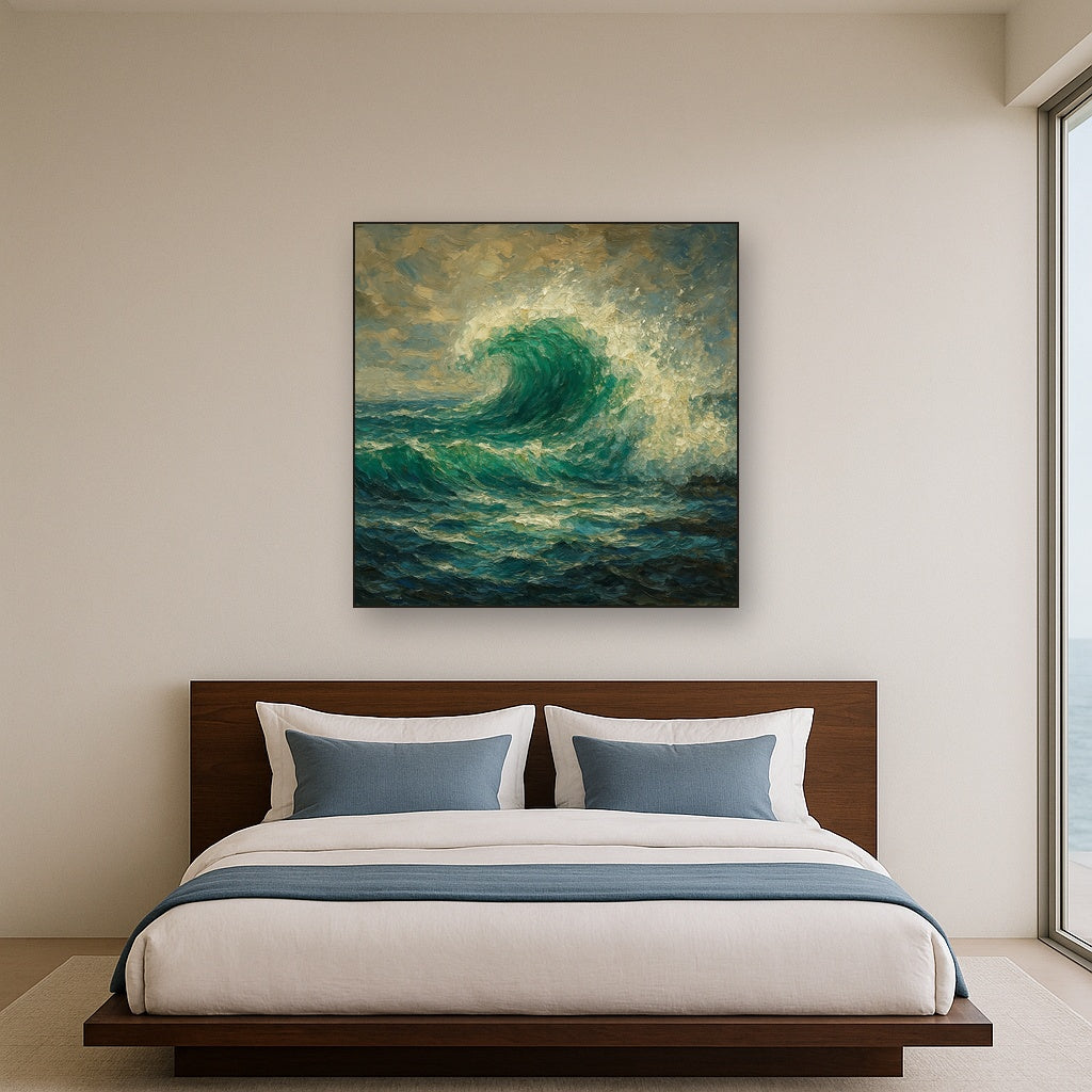 Emerald Surf Surge Coastal Oil Painting - Styled in Master Bedroom