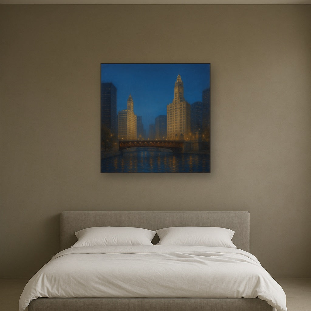 Chicago Riverfront Architecture at Blue Hour No. 16 Oil Painting - View 3