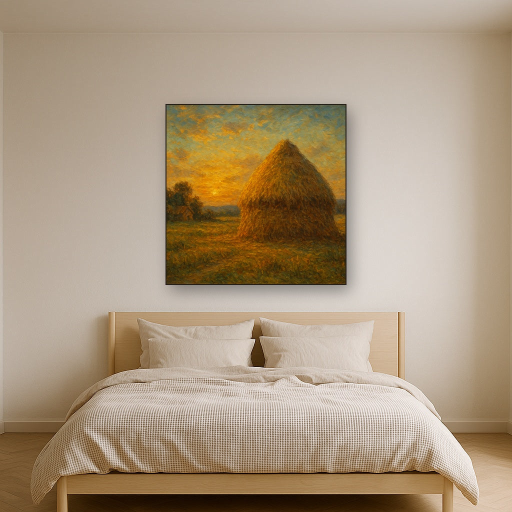 Rustic Countryside Haystack at Sunset No. 2 Oil Painting - Styled in Master Bedroom