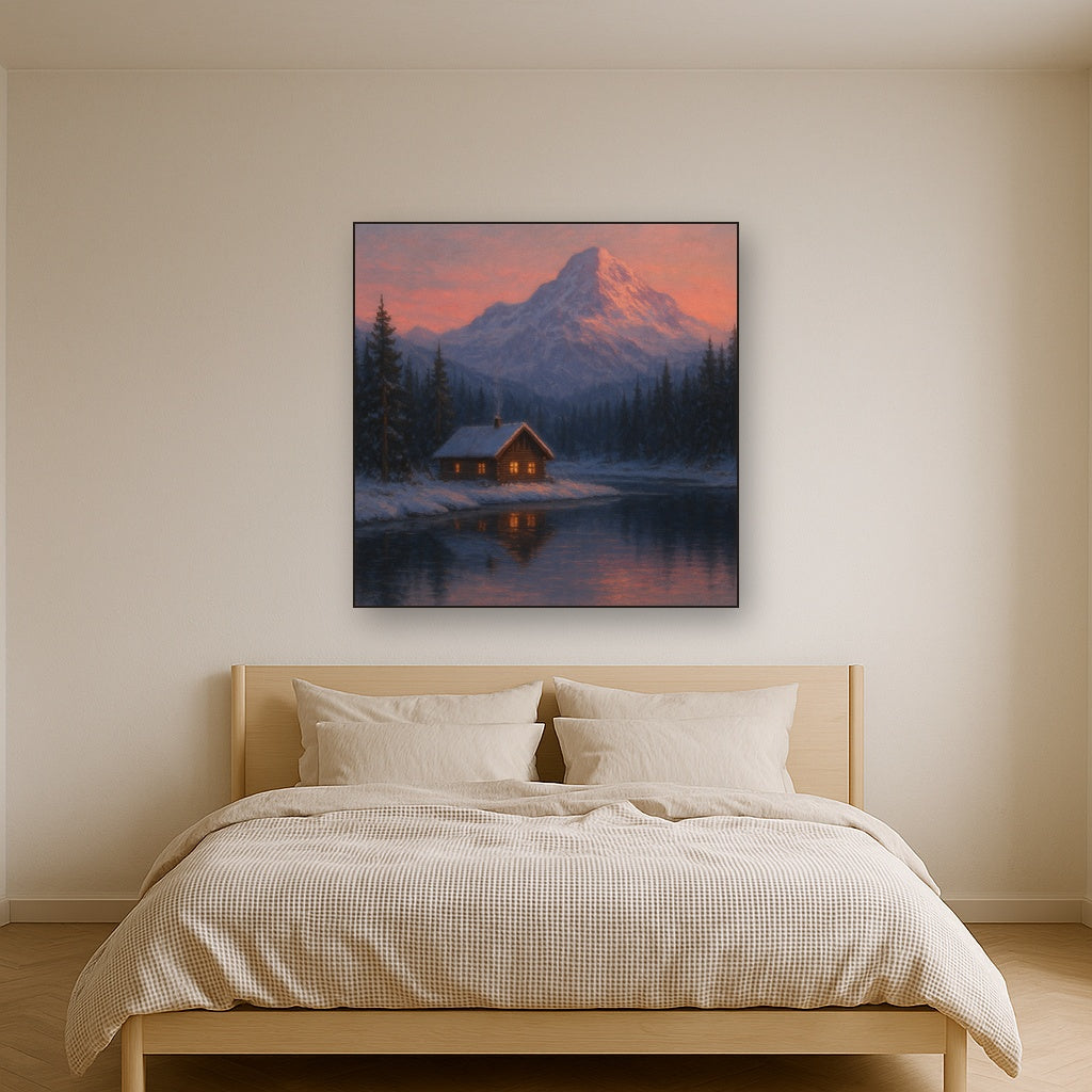 Winter Solstice Mountain Cabin Reflection No. 6 Oil Painting - View 3