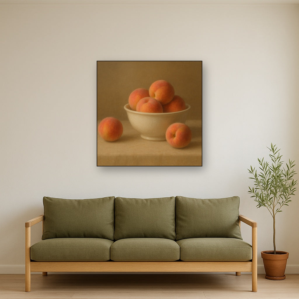 Heirloom Peaches & White Ceramic Bowl No. 2 Oil Painting Staged Above Master Bed in Bedroom, Calming Neutral Hand Painted Oil Art
