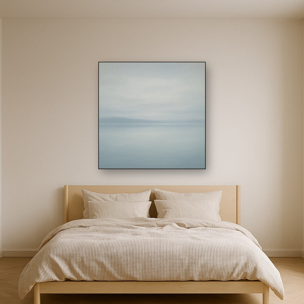 Glass Horizon over Quiet Arctic Waters No. 9 Oil Painting Staged Above Master Bed in Bedroom, Calming Neutral Hand Painted Oil Art
