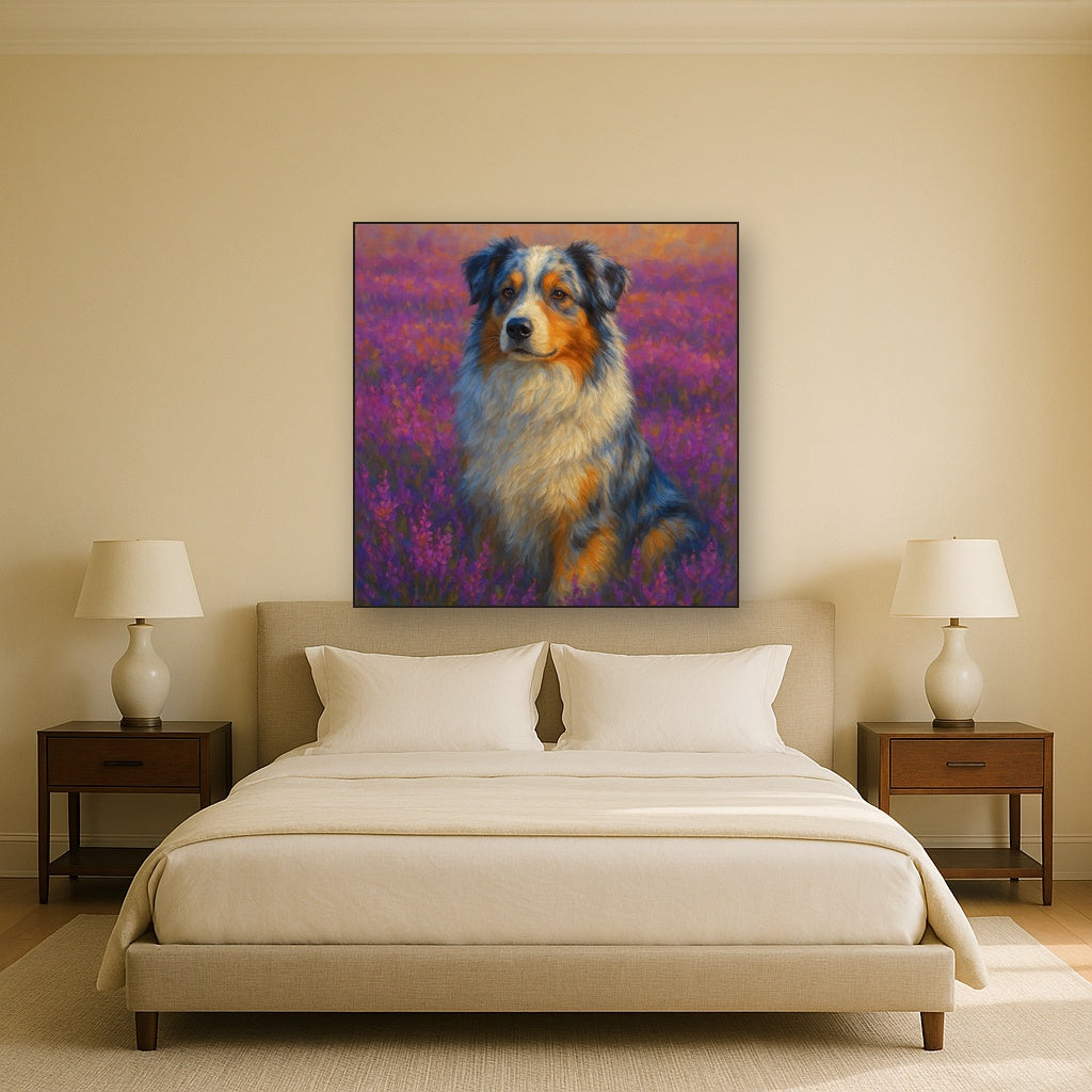 Australian Shepherd in Blooming Heather Field No. 12 Fine Art Oil Painting - View 3