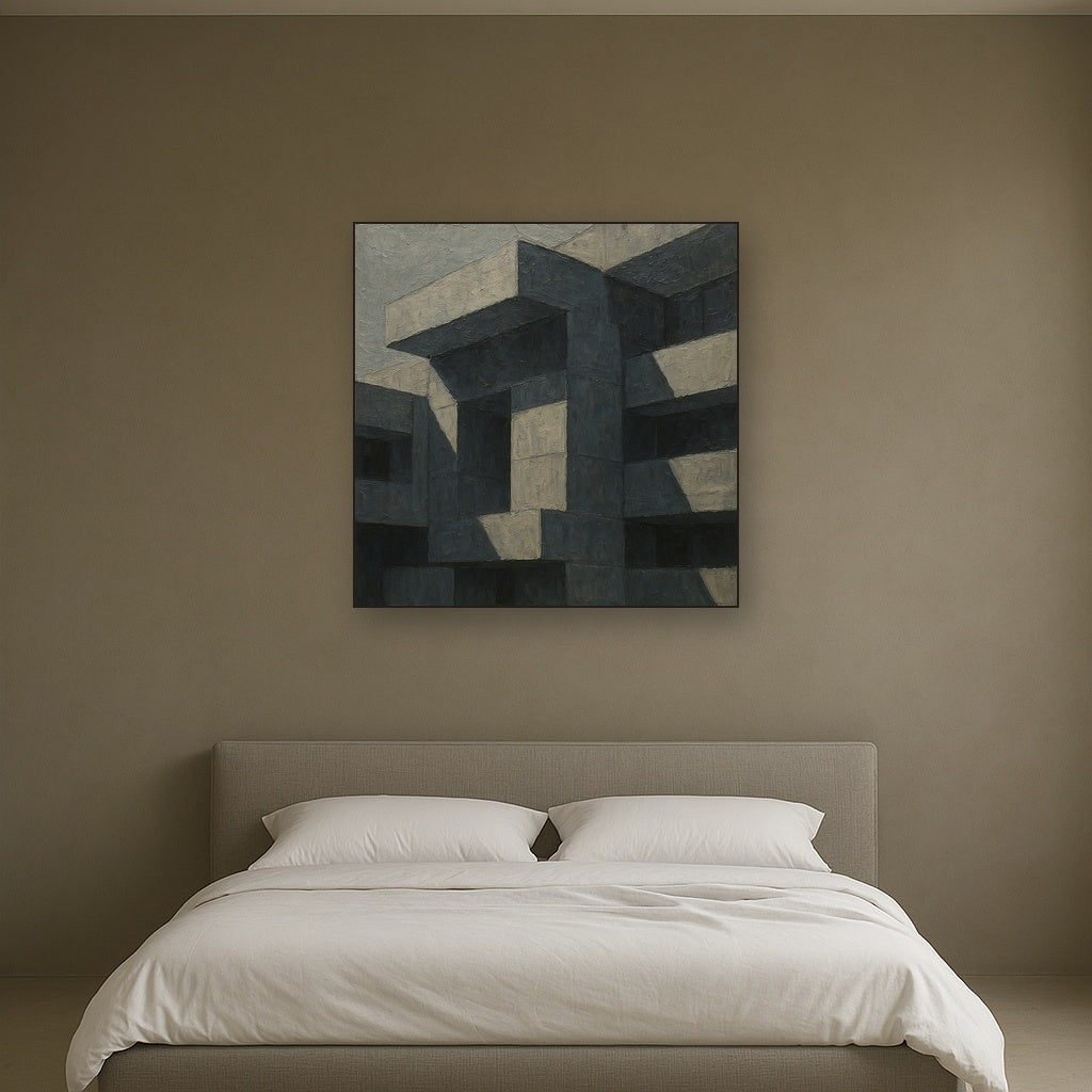 Brutalist Shadow Facade Geometric Oil Painting - View 3