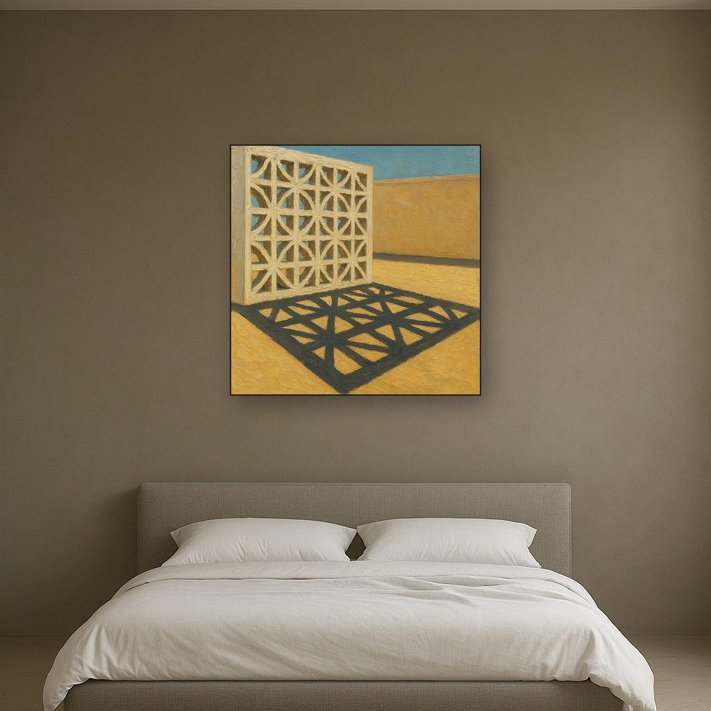 Desert Modern Breeze Block Shadow No. 4 Oil Painting - Styled in Master Bedroom