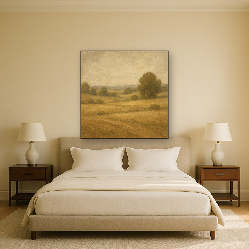 Earthy Linen Plaster Countryside Calm No. 3 Oil Painting - Styled in Master Bedroom