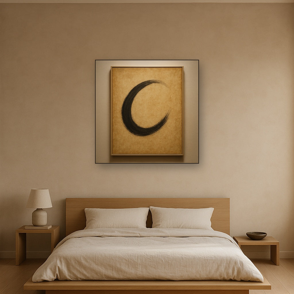 Aged Rice Paper & Charcoal Calligraphic Balance No. 15 Oil Painting Staged Above Master Bed in Bedroom, Calming Neutral Hand Painted Oil Art