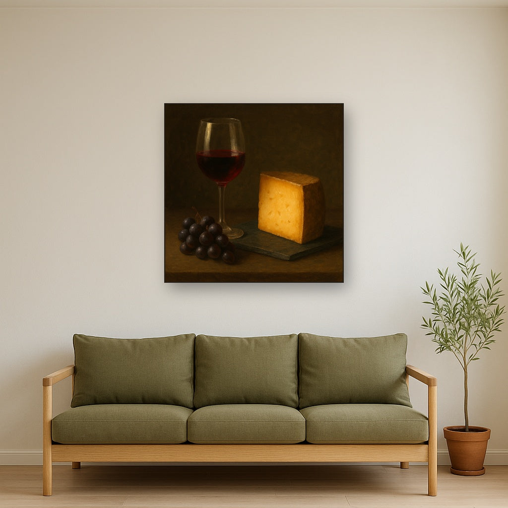 Burgundy Wine Glass & Aged Cheese Board No. 9 Oil Painting - View 3