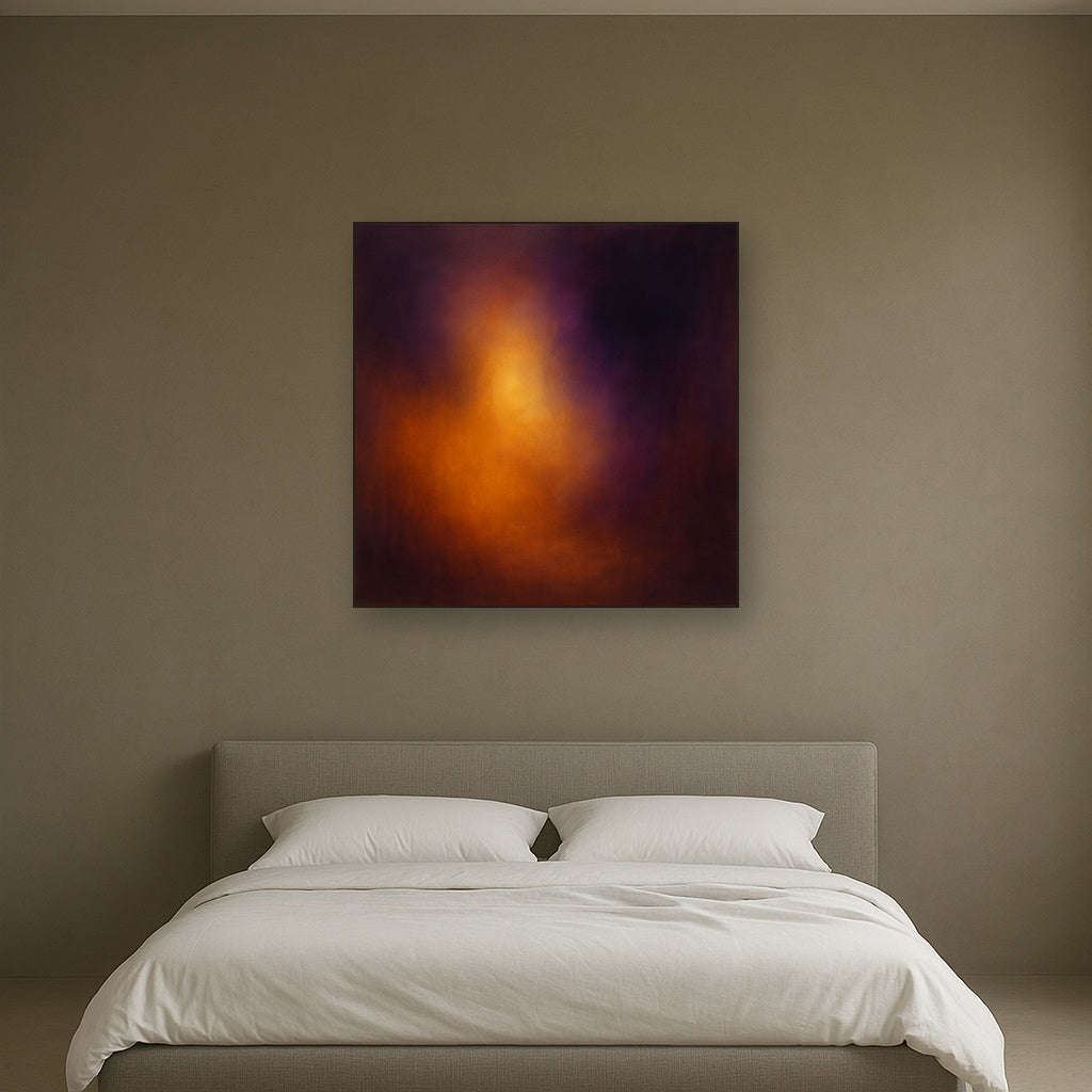 Burnt Amber & Velvet Amethyst Atmosphere No. 9 Oil Painting Staged Above Master Bed in Bedroom, Calming Neutral Hand Painted Oil Art