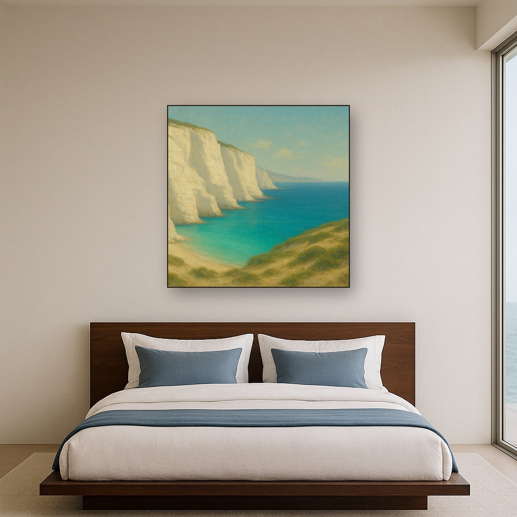 Mediterranean White Cliffs & Turquoise Cove No. 12 Oil Painting Staged Above Master Bed in Bedroom, Calming Neutral Hand Painted Oil Art