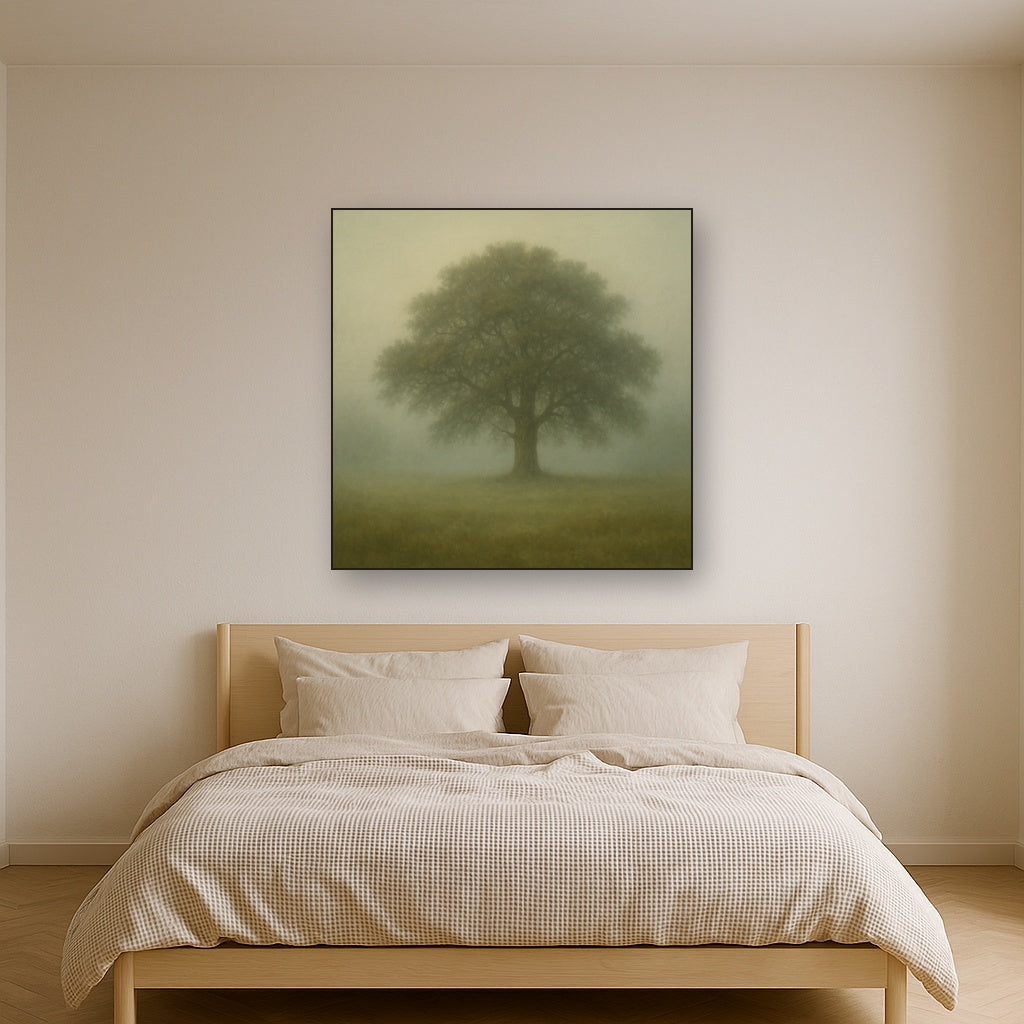 Ancient Solitary Oak in Morning Fog No. 6 Oil Painting - View 3