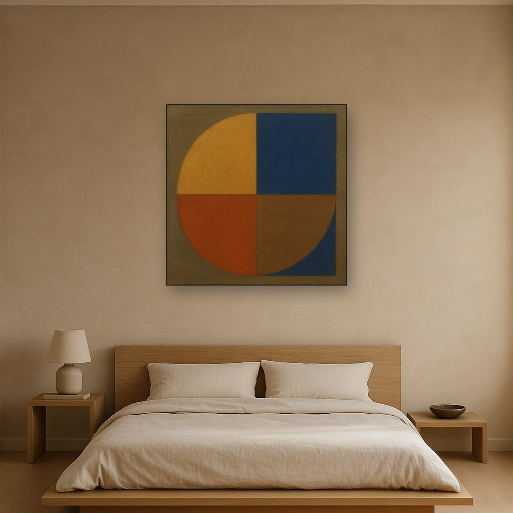 Bauhaus Quadrant Harmony in Primary Earth Tones No. 22 Oil Painting Staged Above Master Bed in Bedroom, Calming Neutral Hand Painted Oil Art