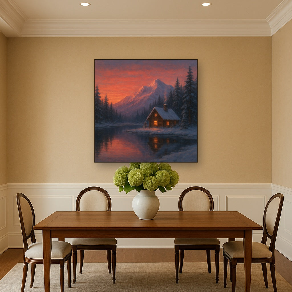 Winter Solstice Mountain Cabin Reflection No. 5 Oil Painting - View 4