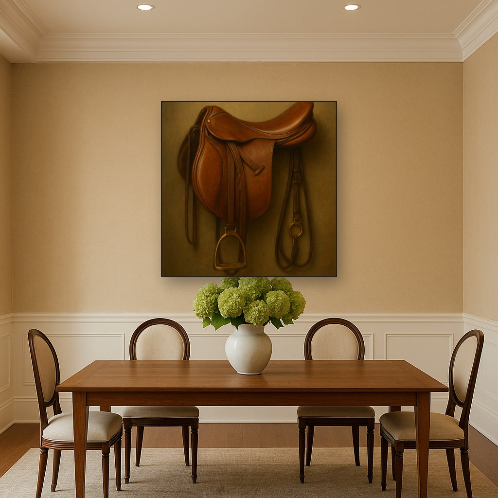 Vintage Bridle & Polished Leather Saddle No. 20 Oil Painting Staged Above Dining Room Credenza, Elegant Hand Painted Oil Art for Dining Room Walls