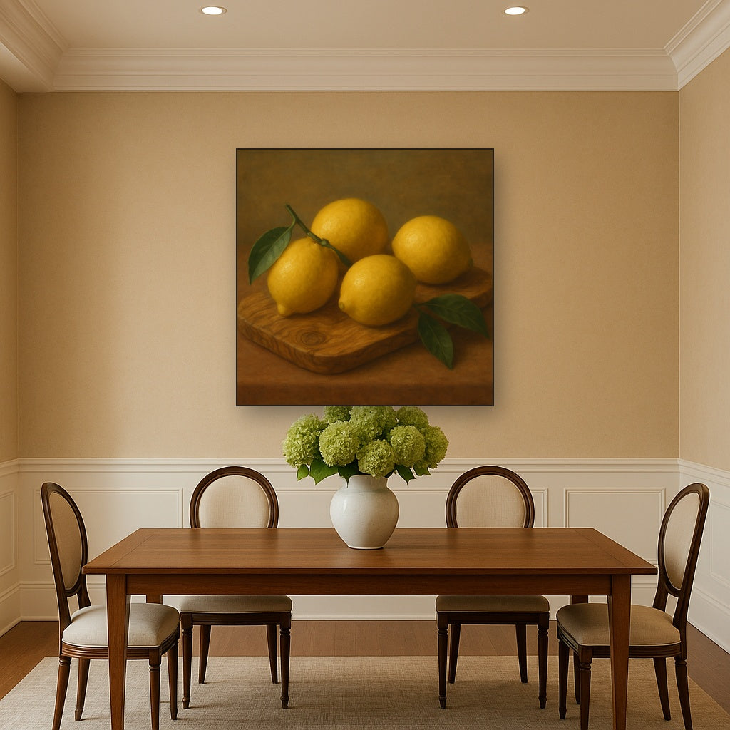 Meyer Lemons on Olive Wood Board No. 3 Oil Painting Staged Above Master Bed in Bedroom, Calming Neutral Hand Painted Oil Art