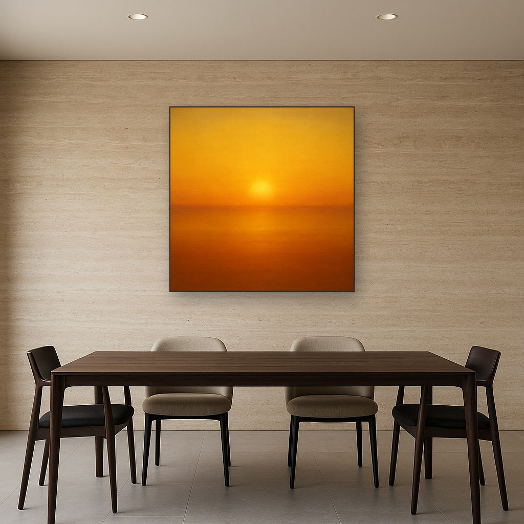 Warm Amber & Raw Sienna Sunset Meditation No. 5 Oil Painting Staged Above Dining Room Credenza, Elegant Hand Painted Oil Art for Dining Room Walls
