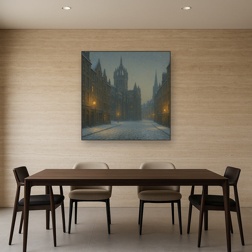 Edinburgh Old Town Royal Mile in Snow No. 13 Oil Painting Staged Above Dining Room Credenza, Elegant Hand Painted Oil Art for Dining Room Walls