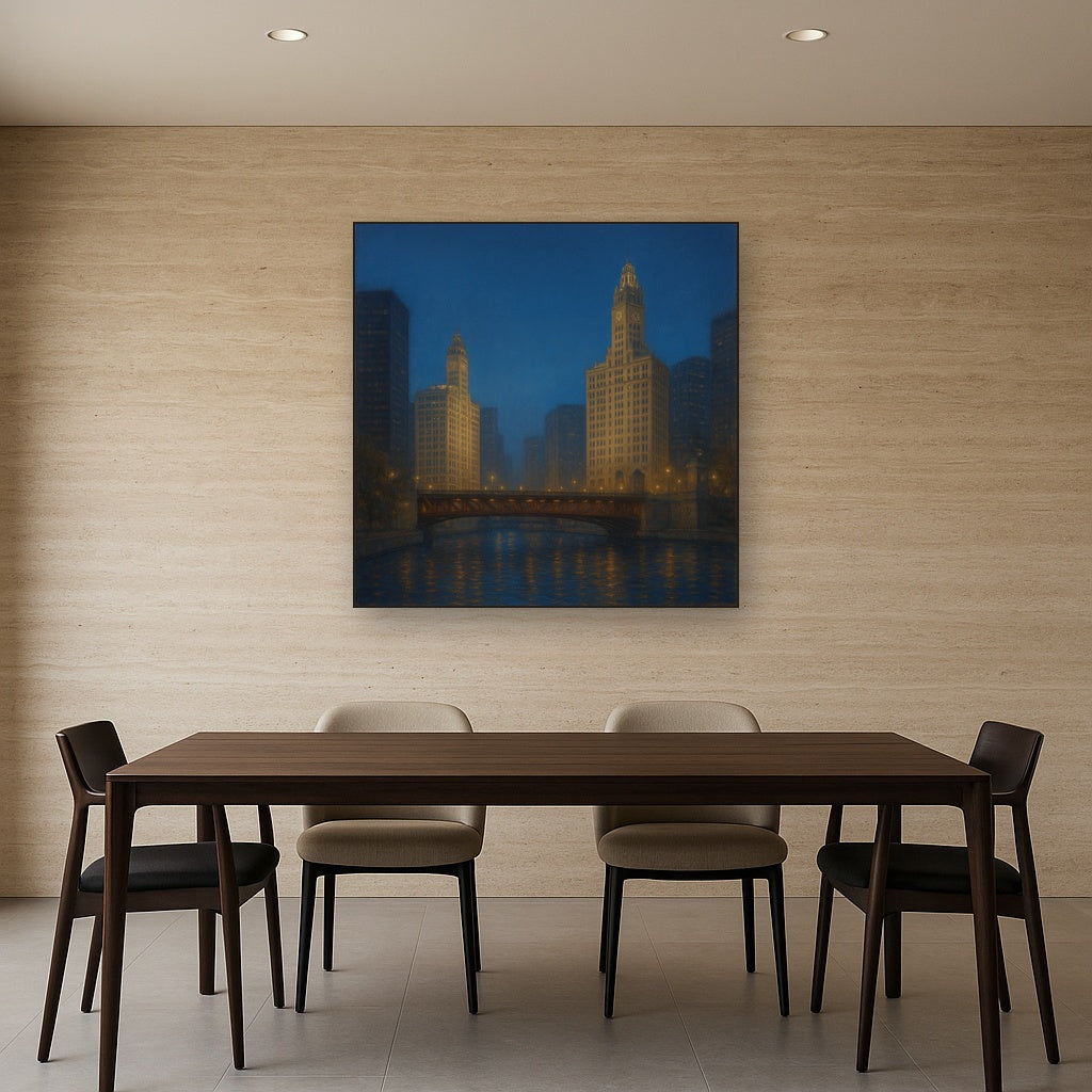 Chicago Riverfront Architecture at Blue Hour No. 16 Oil Painting - View 4
