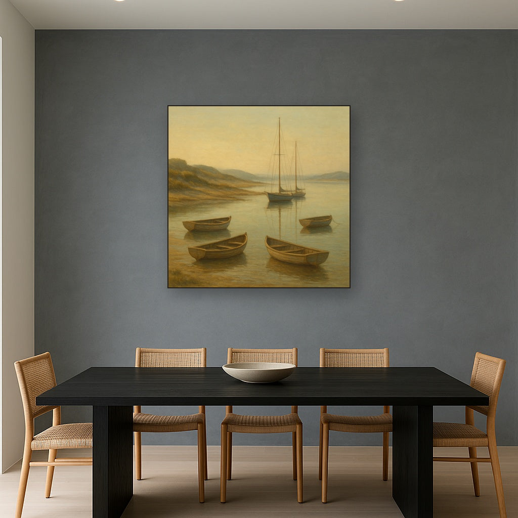 Quiet Fishing Harbor at Morning Low Tide No. 10 Oil Painting Staged Above Dining Room Credenza, Elegant Hand Painted Oil Art for Dining Room Walls