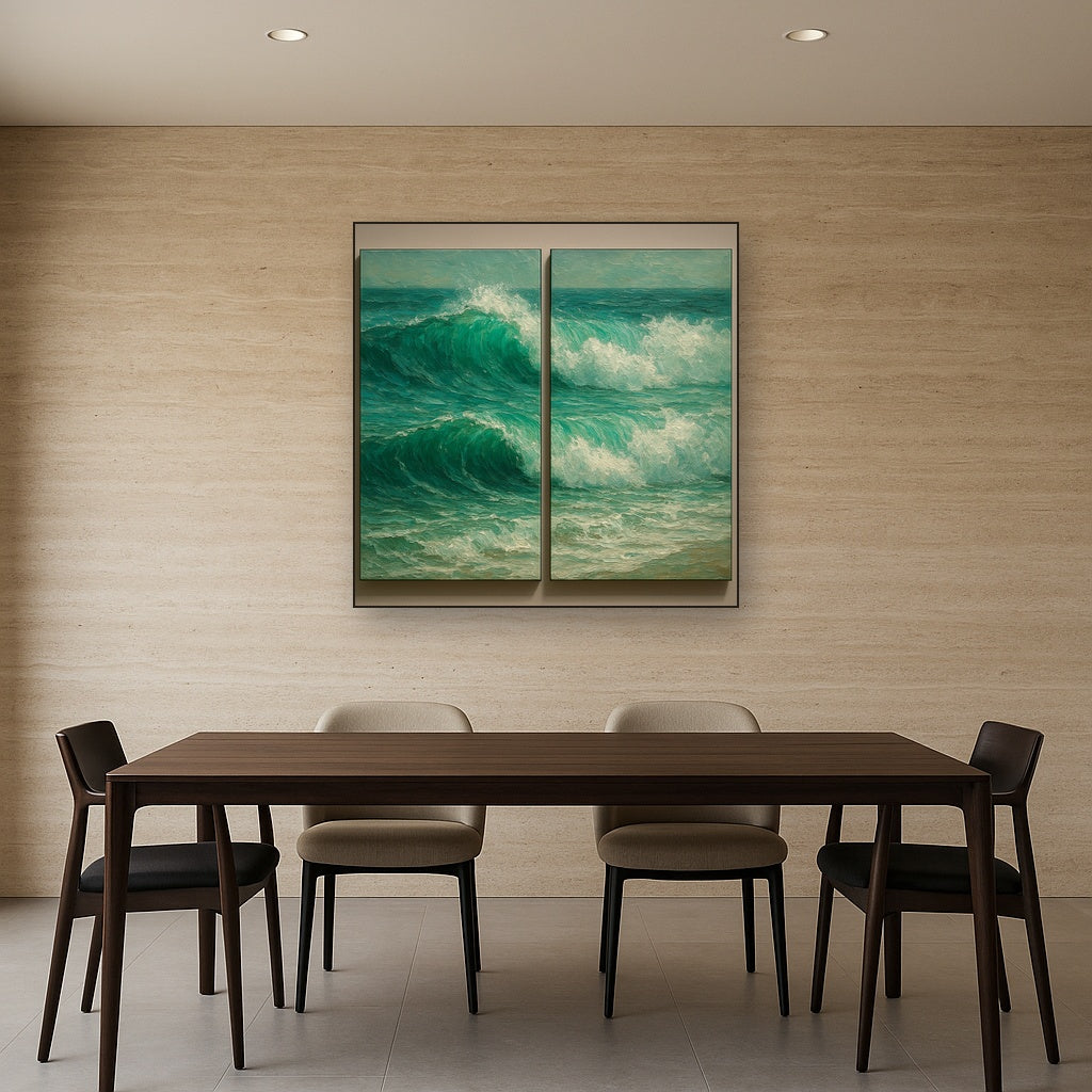 Emerald Swell Split-Panel Seascape Oil Painting - Styled in Elegant Dining Room