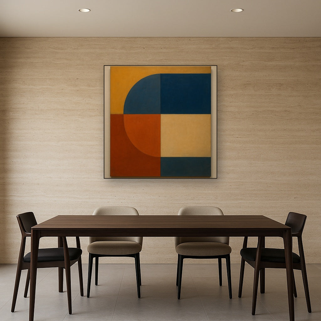Bauhaus Quadrant Harmony in Primary Earth Tones No. 20 Oil Painting Staged Above Dining Room Credenza, Elegant Hand Painted Oil Art for Dining Room Walls
