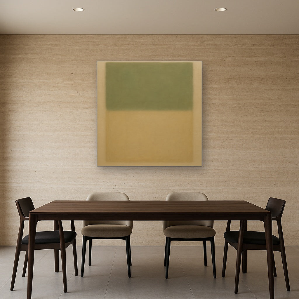 Sage Olive & Pale Sandstone Minimalist Harmony No. 18 Oil Painting Staged Above Dining Room Credenza, Elegant Hand Painted Oil Art for Dining Room Walls