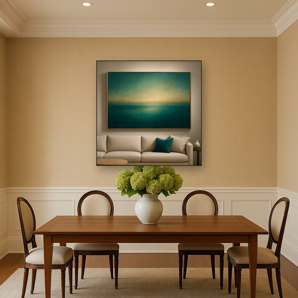 Peacock Teal & Champagne Gold Horizon No. 6 Oil Painting Staged Above Dining Room Credenza, Elegant Hand Painted Oil Art for Dining Room Walls