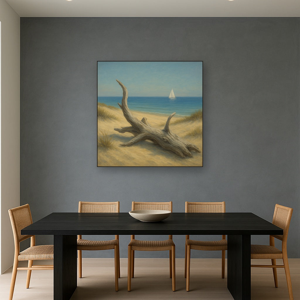 Sun-Bleached Driftwood & Distant Sailboat No. 20 Oil Painting - View 4