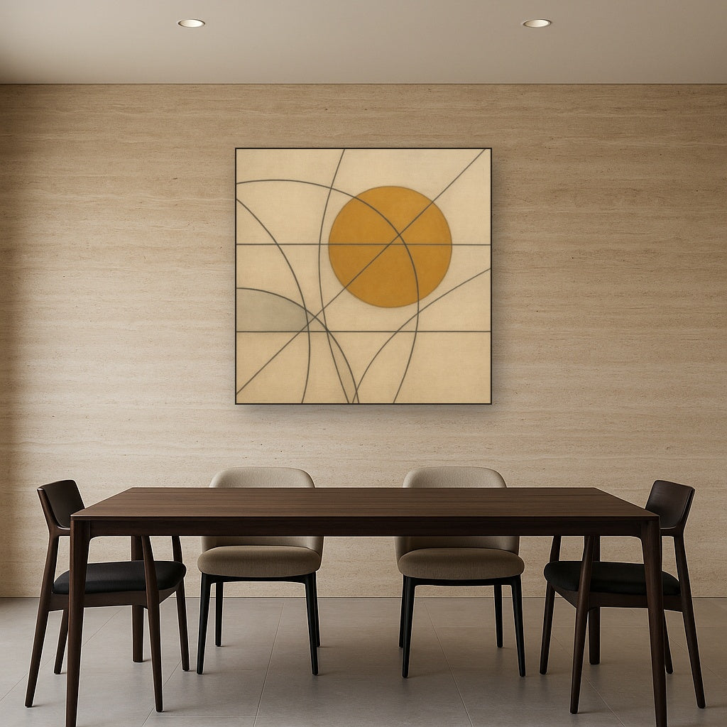 Abstract Tangent Lines & Earthy Ochre Disc No. 16 Oil Painting - View 4
