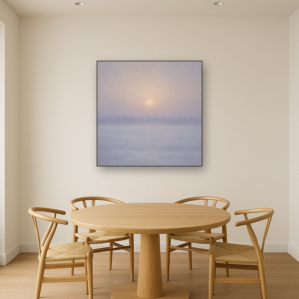 Winter Dawn Frost & Pale Silver Light No. 3 Oil Painting Staged Above Dining Room Credenza, Elegant Hand Painted Oil Art for Dining Room Walls