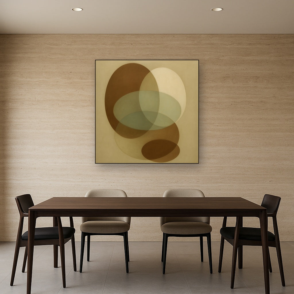 Floating Ellipse Harmony in Walnut & Pale Sage No. 22 Oil Painting Staged Above Dining Room Credenza, Elegant Hand Painted Oil Art for Dining Room Walls
