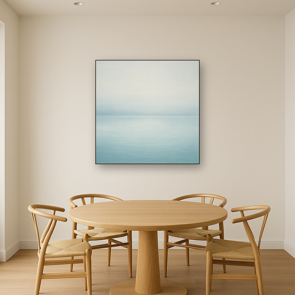 Glass Horizon over Quiet Arctic Waters No. 11 Oil Painting Staged Above Dining Room Credenza, Elegant Hand Painted Oil Art for Dining Room Walls