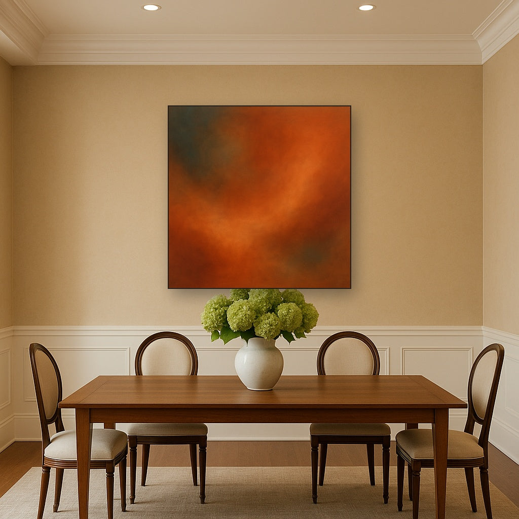 Deep Topaz & Spiced Terracotta Glow No. 9 Oil Painting Staged Above Dining Room Credenza, Elegant Hand Painted Oil Art for Dining Room Walls
