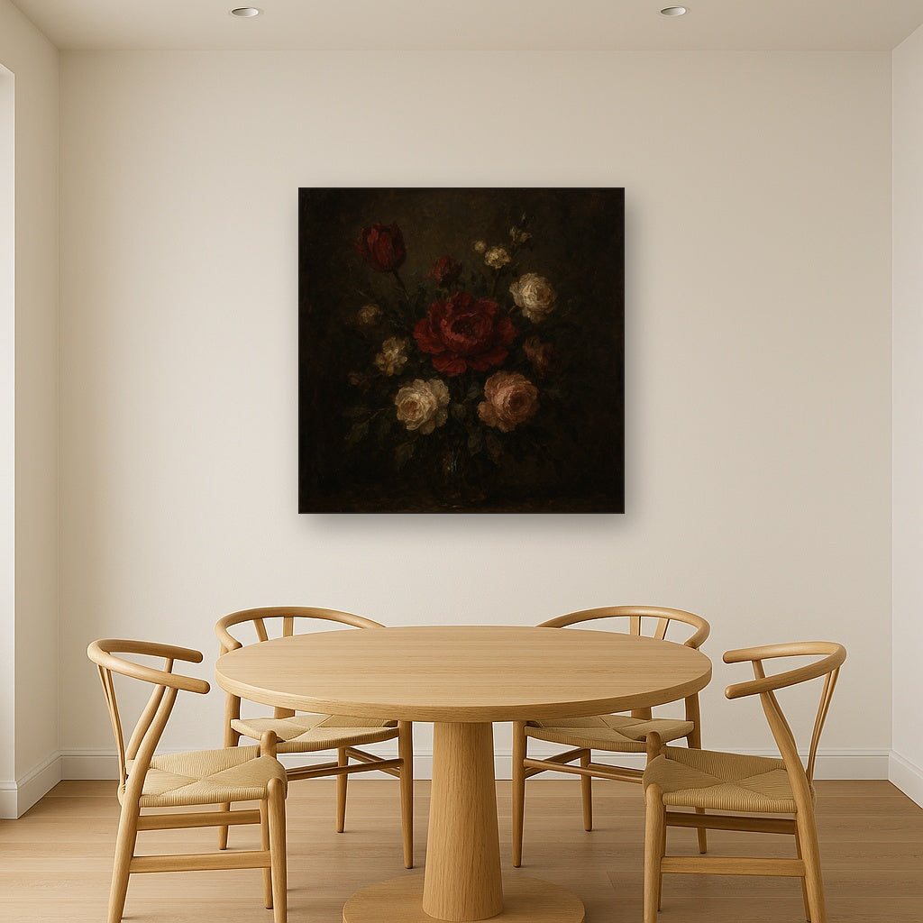 Dutch Golden Age Moody Floral Still Life No. 3 Oil Painting - Styled in Elegant Dining Room