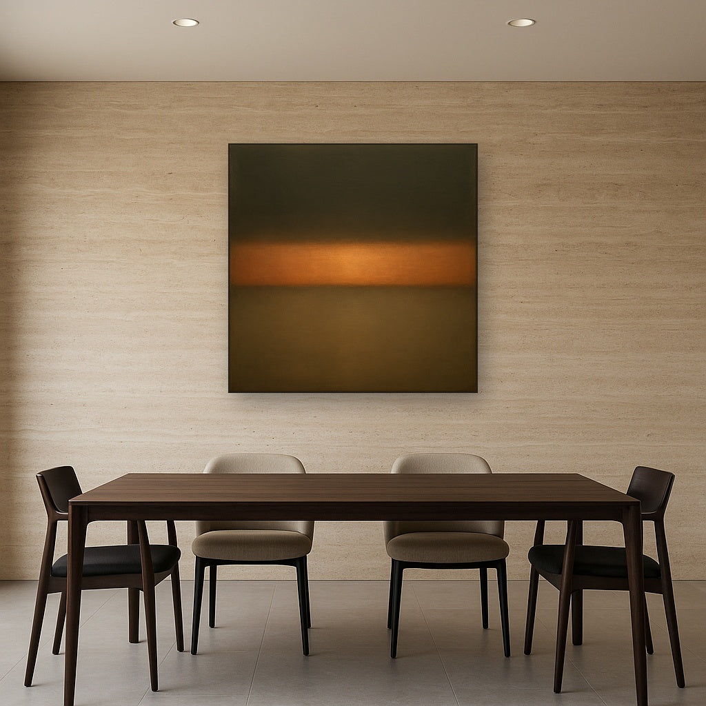 Charcoal Slate & Burnished Copper Horizon Oil Painting Staged Above Dining Room Credenza, Elegant Hand Painted Oil Art for Dining Room Walls