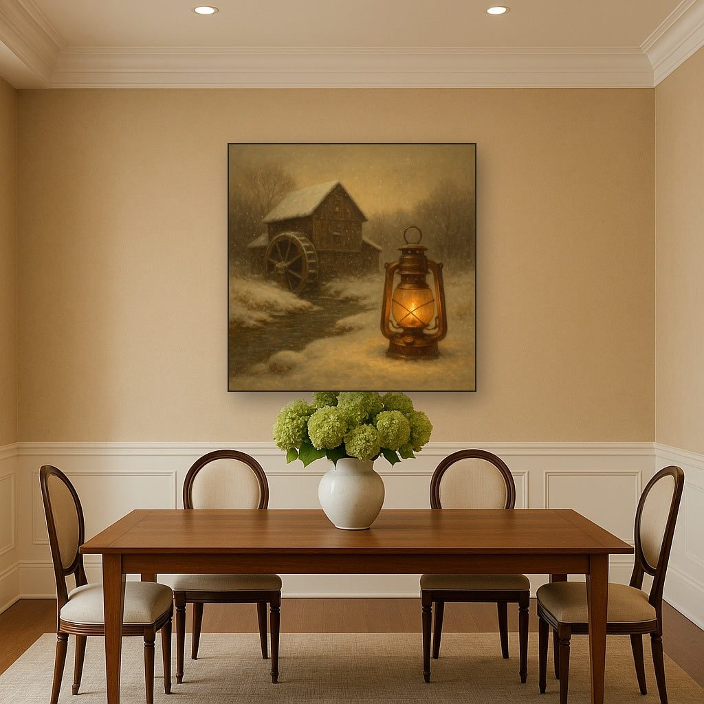 Snowy Mill Stream & Glowing Lantern No. 4 Oil Painting - View 4