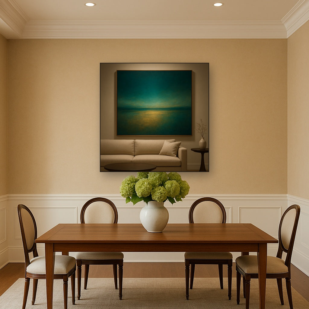 Peacock Teal & Champagne Gold Horizon No. 2 Oil Painting Staged Above Dining Room Credenza, Elegant Hand Painted Oil Art for Dining Room Walls