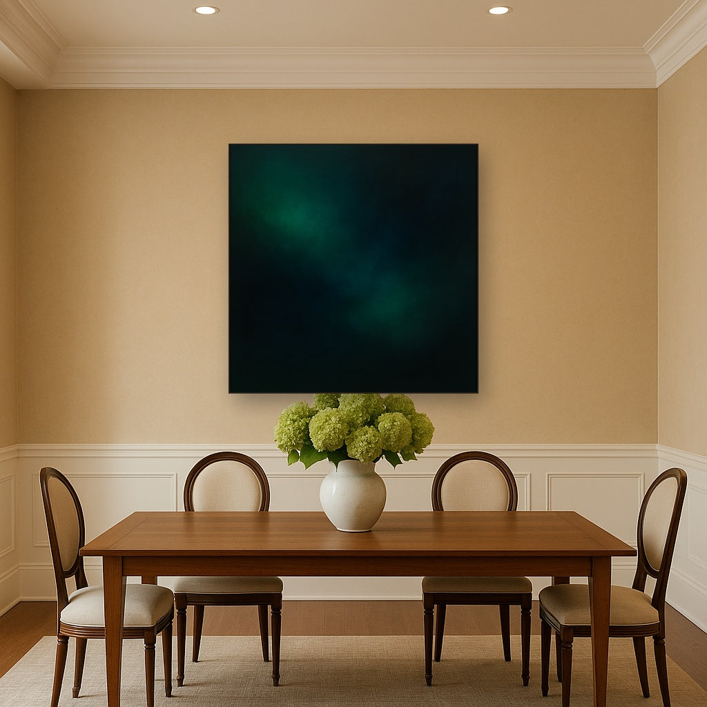 Emerald & Midnight Sapphire Sfumato Immersion No. 19 Oil Painting Staged Above Dining Room Credenza, Elegant Hand Painted Oil Art for Dining Room Walls