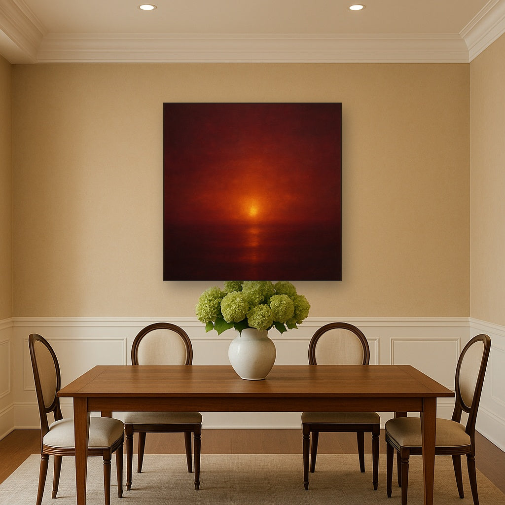 Deep Garnet & Amber Candlelight Horizon Oil Painting Staged Above Dining Room Credenza, Elegant Hand Painted Oil Art for Dining Room Walls