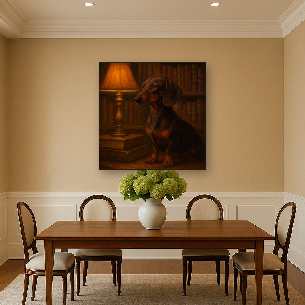Smooth Dachshund in Moody Library Study No. 10 Fine Art Oil Painting - View 4