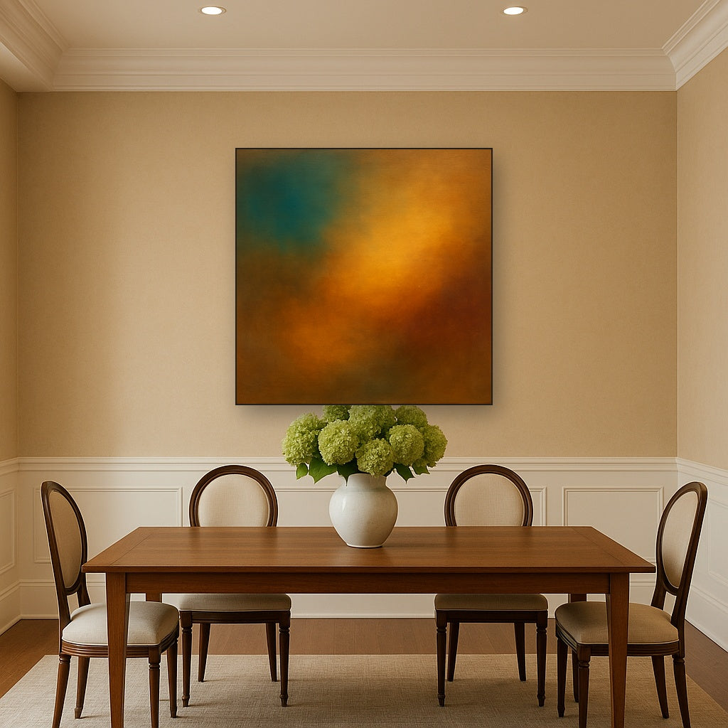 Deep Topaz & Spiced Terracotta Glow No. 2 Oil Painting Staged Above Dining Room Credenza, Elegant Hand Painted Oil Art for Dining Room Walls