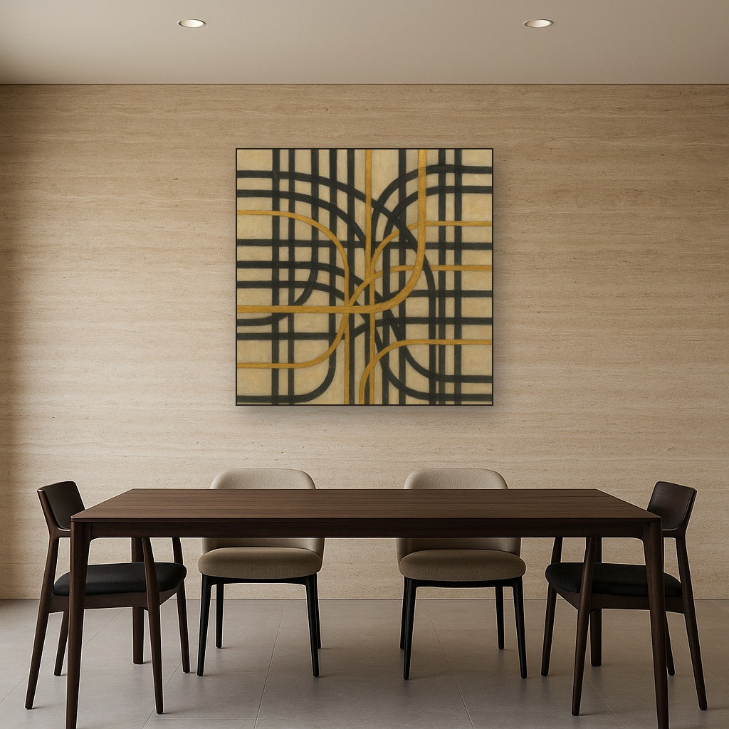 Abstract Woven Line Matrix in Charcoal & Gold No. 11 Fine Art Oil Painting - View 4