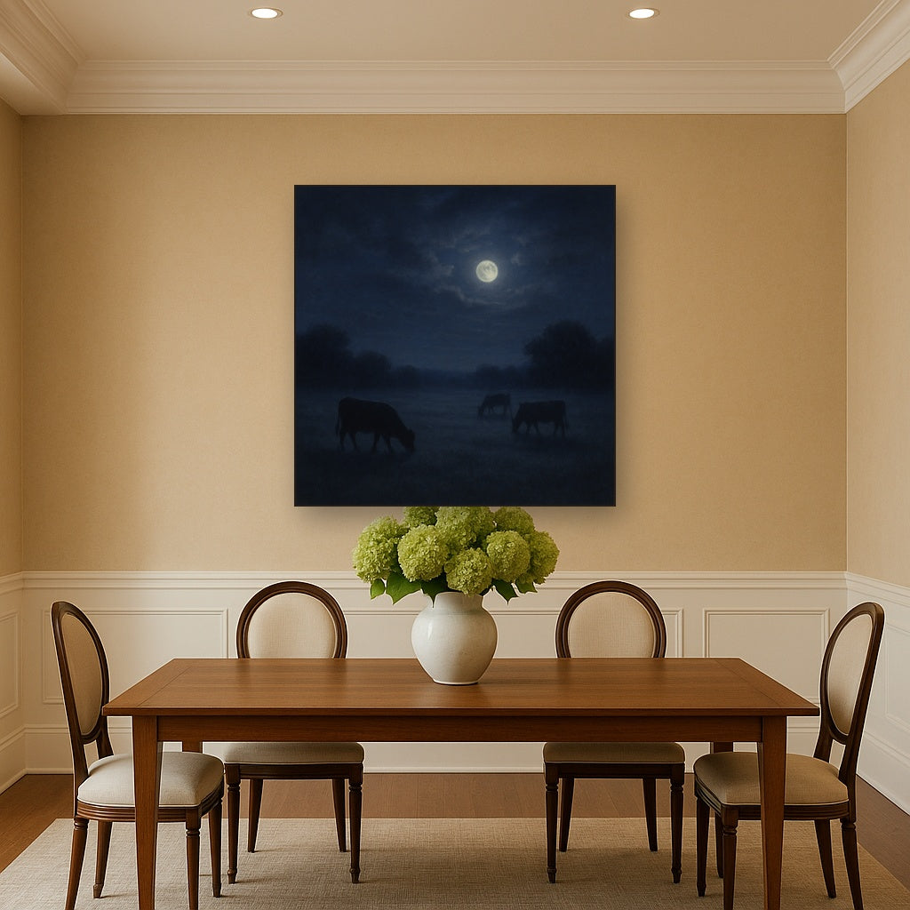 Moonlit Pastoral Meadow & Cattle Silhouettes No. 3 Oil Painting - View 4
