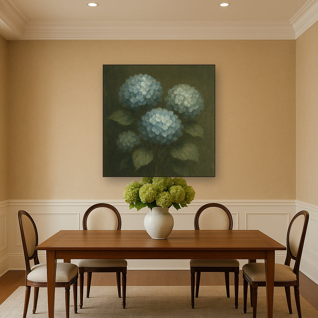 Hydrangea Trio in Dusty Blue & Antiqued Sage No. 4 Fine Art Oil Painting - View 4