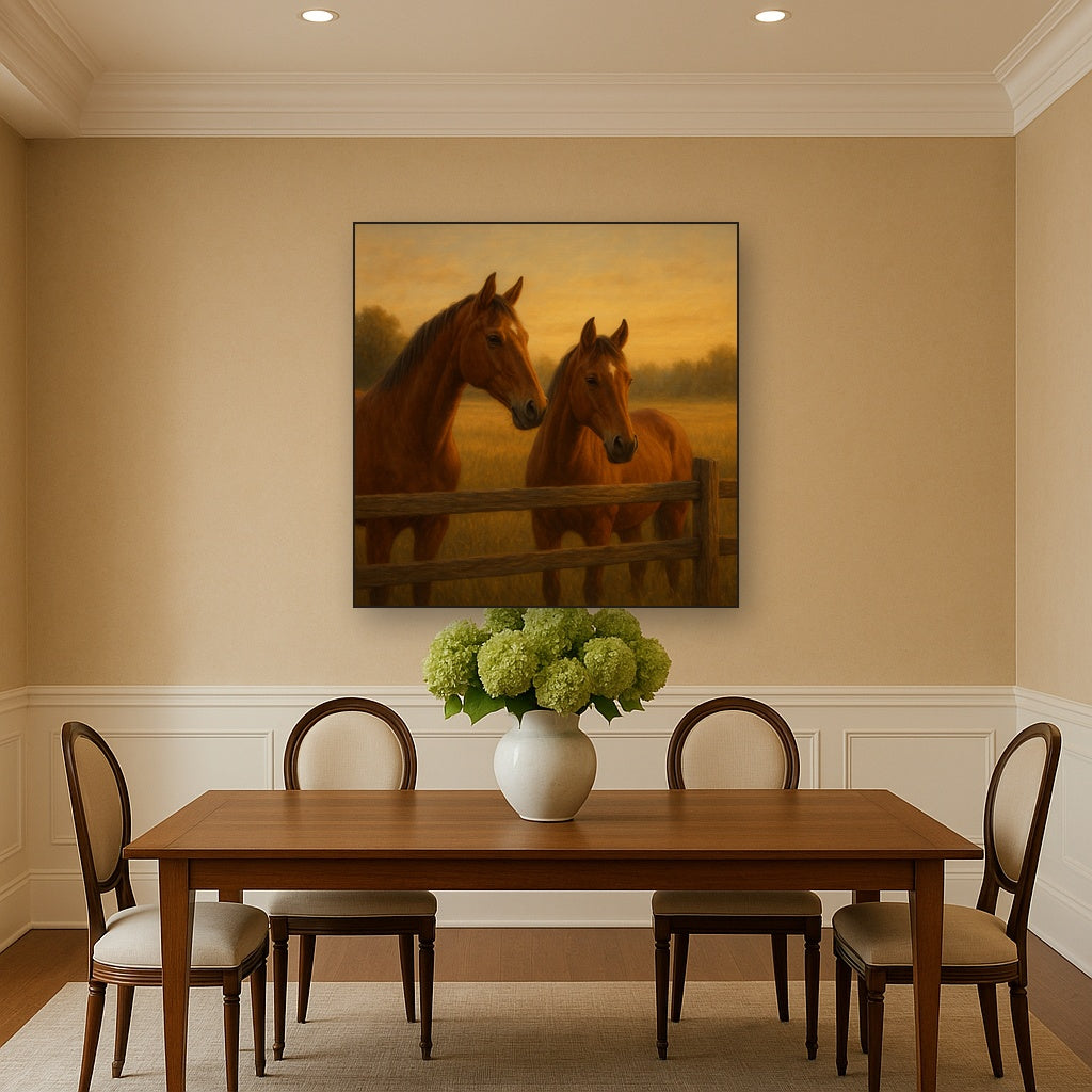 Two Horses at Rustic Post & Rail Fence No. 15 Oil Painting Staged Above Dining Room Credenza, Elegant Hand Painted Oil Art for Dining Room Walls