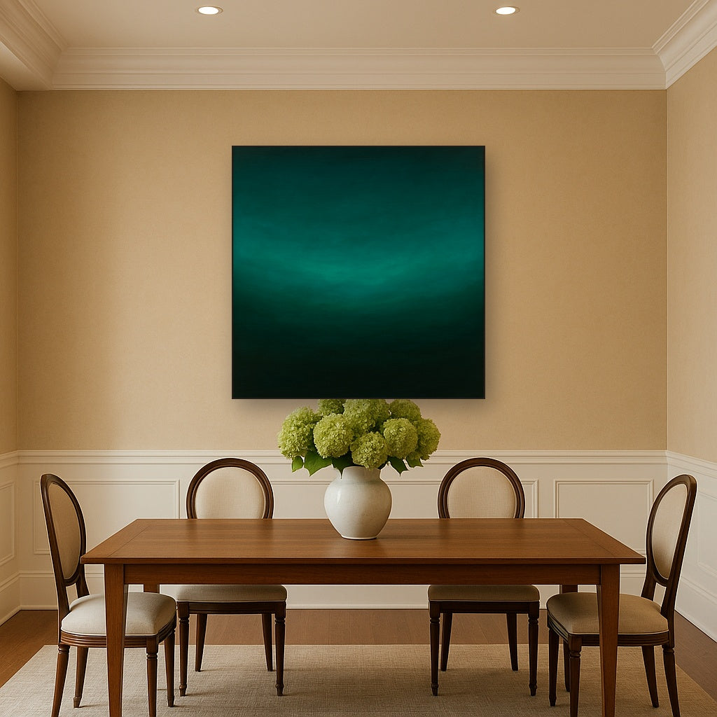 Midnight Teal & Deep Malachite Gradient No. 6 Oil Painting Staged Above Dining Room Credenza, Elegant Hand Painted Oil Art for Dining Room Walls