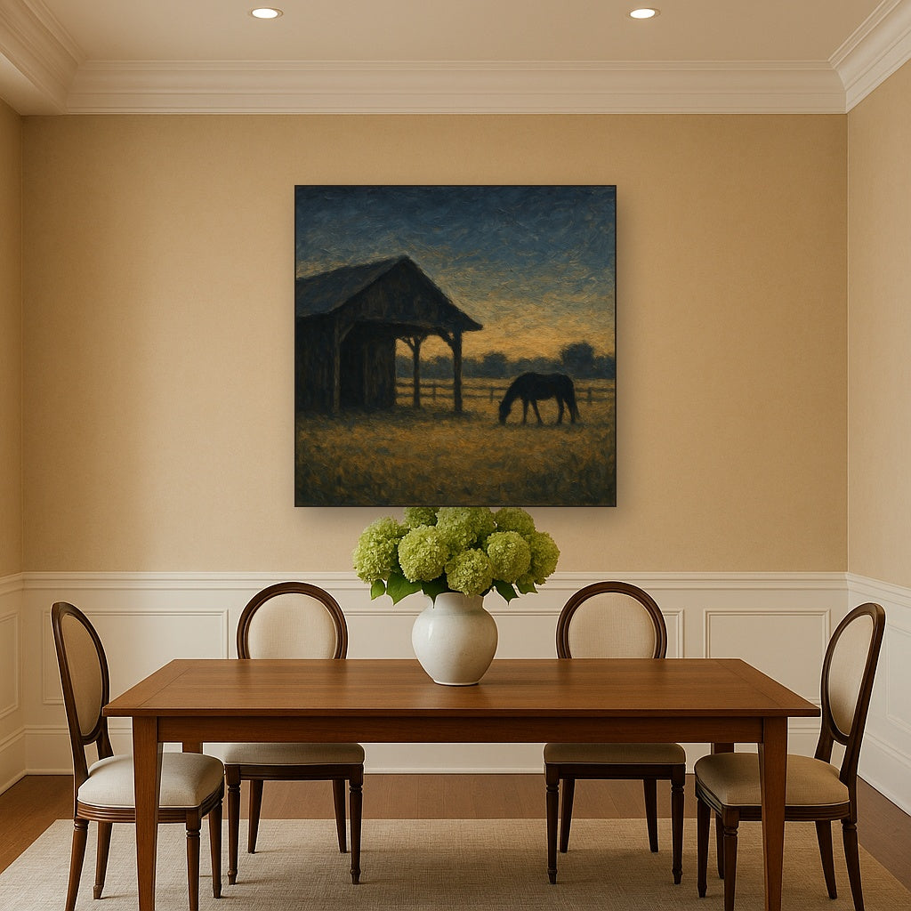 Rustic Equestrian Stable Silhouette Oil Painting - Styled in Elegant Dining Room